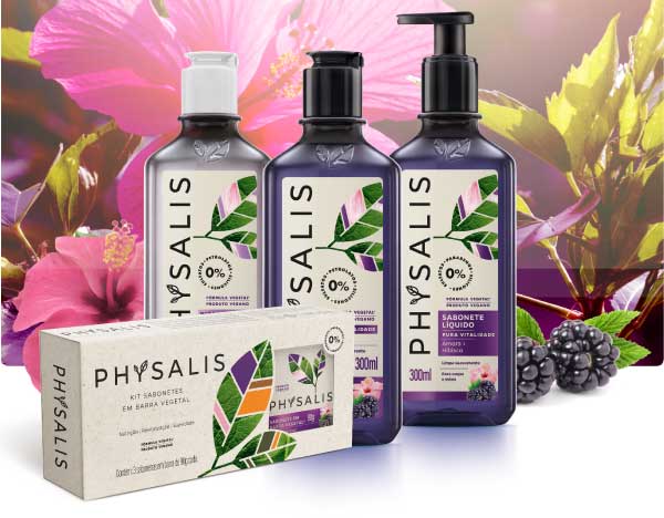 pura vitalidade linha completa physalis phisalia cosmeticos veganos vegetais produtos para banho cabelos corpo pele